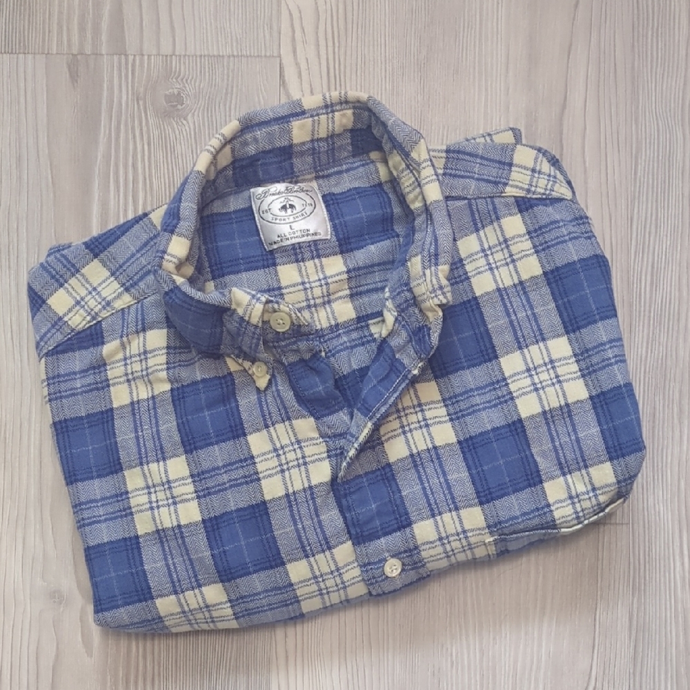 Brooks Brothers L Men's Blue and Cream Plaid Shirt Long Sleeve Cotton Soft Warm